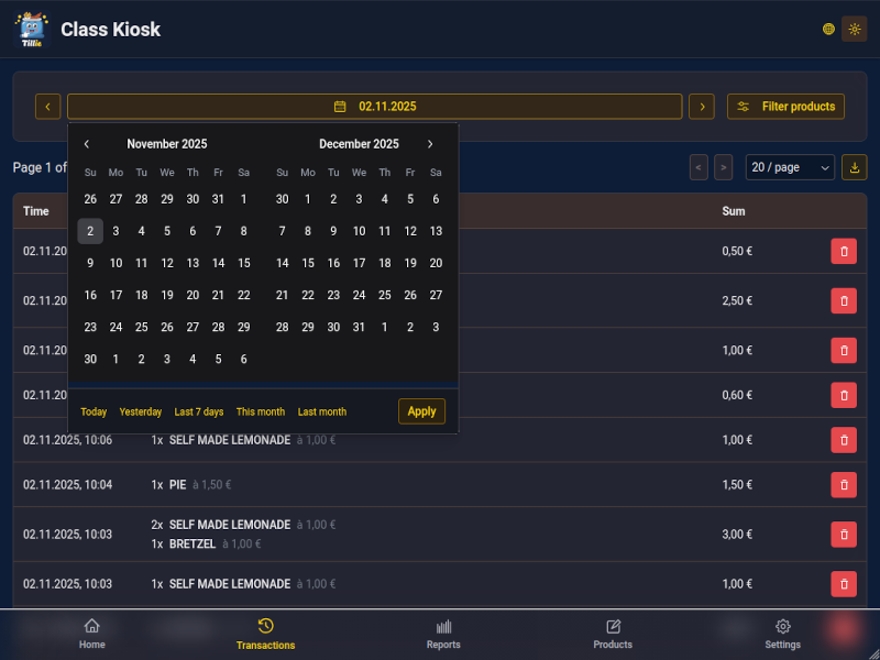 Transaction overview with a date range picker