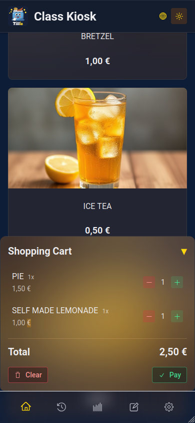 Mobile home view with products and shopping cart