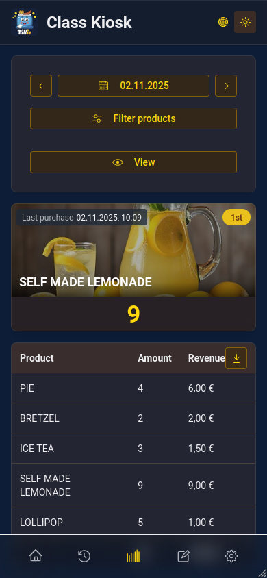 Mobile statistics view with filters, bestseller overview and revenue summary