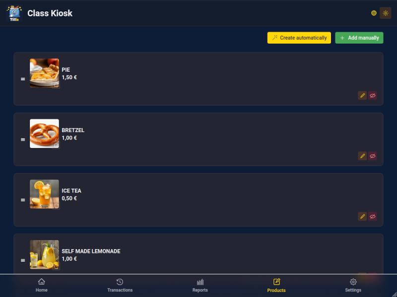 Product overview of automatically created products in Tillie based on the price list